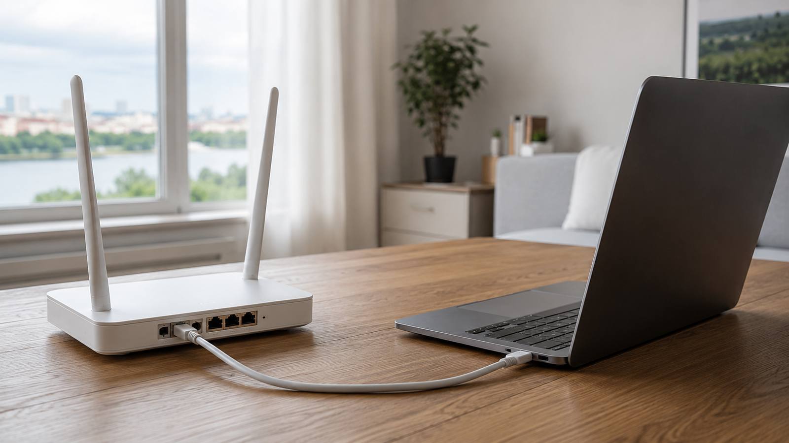 Ноутбук подключён к Wi-Fi-роутеру сетевым кабелем