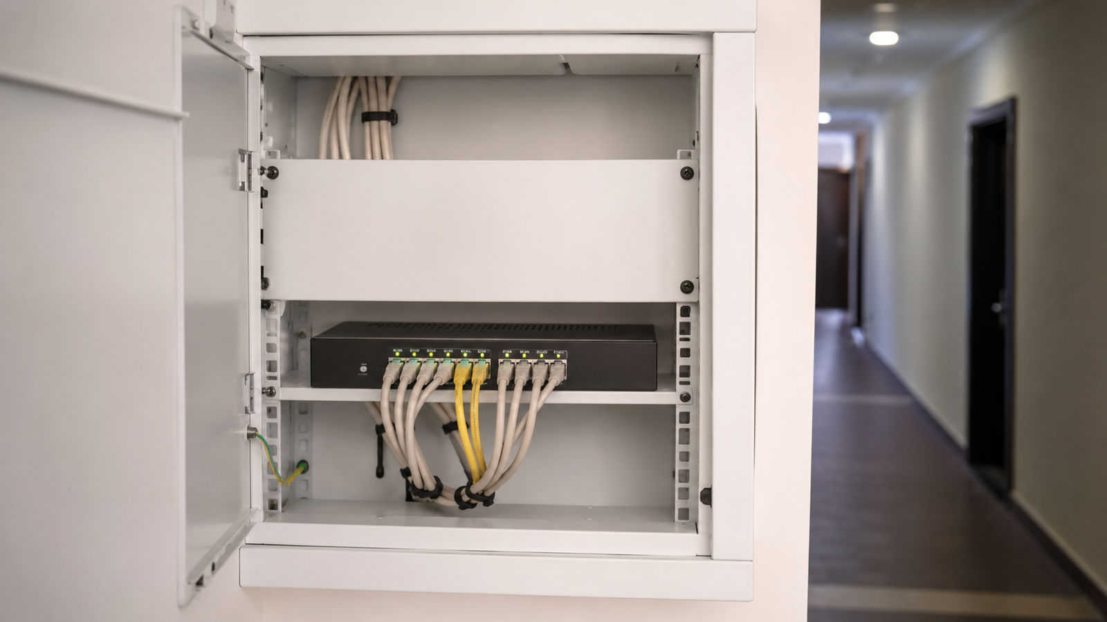 Домовой Ethernet-коммутатор с подключёнными кабелями по технологии FTTB