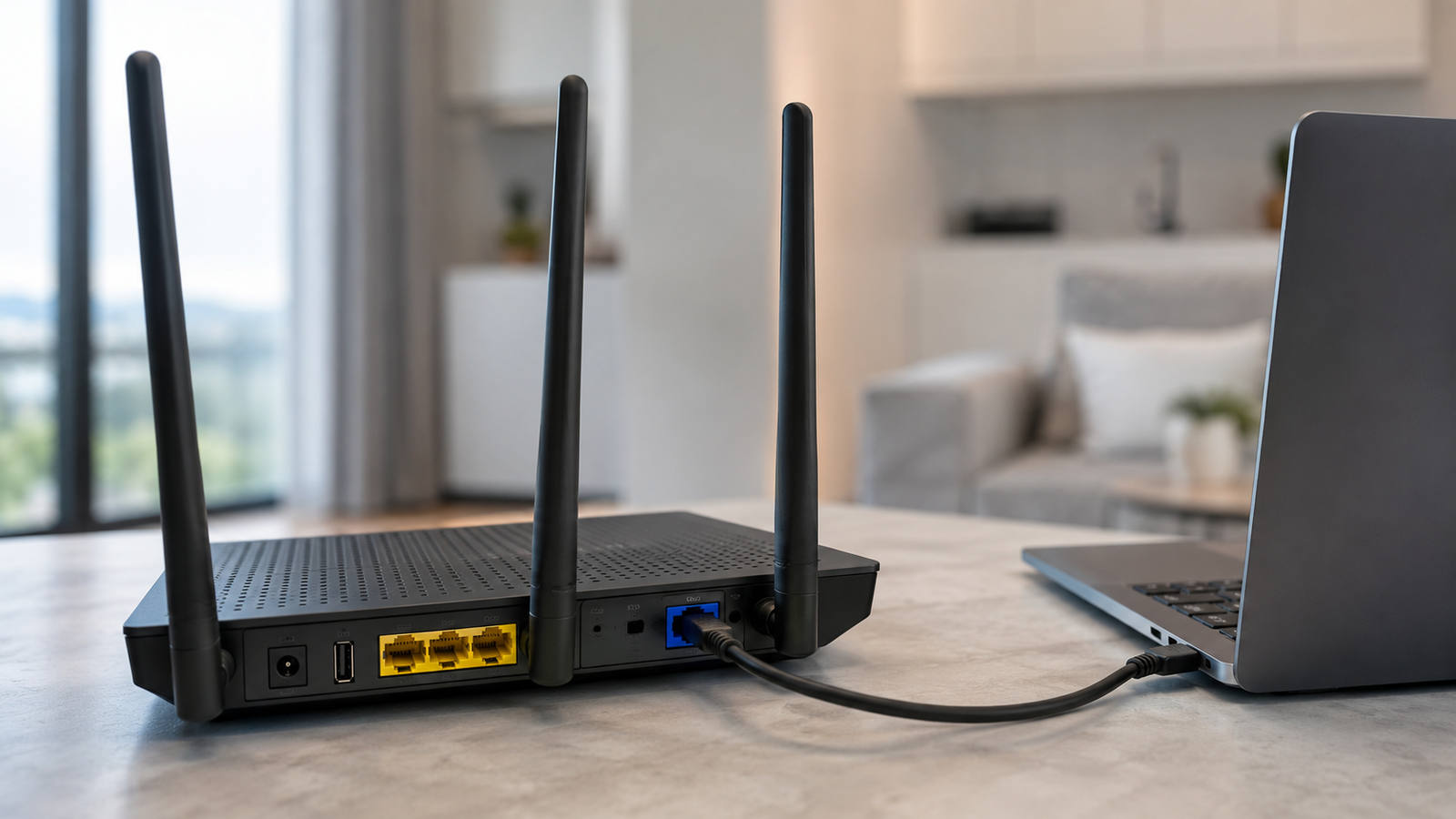 Ноутбук подключён кабелем к роутеру с гигабитными Ethernet-портами