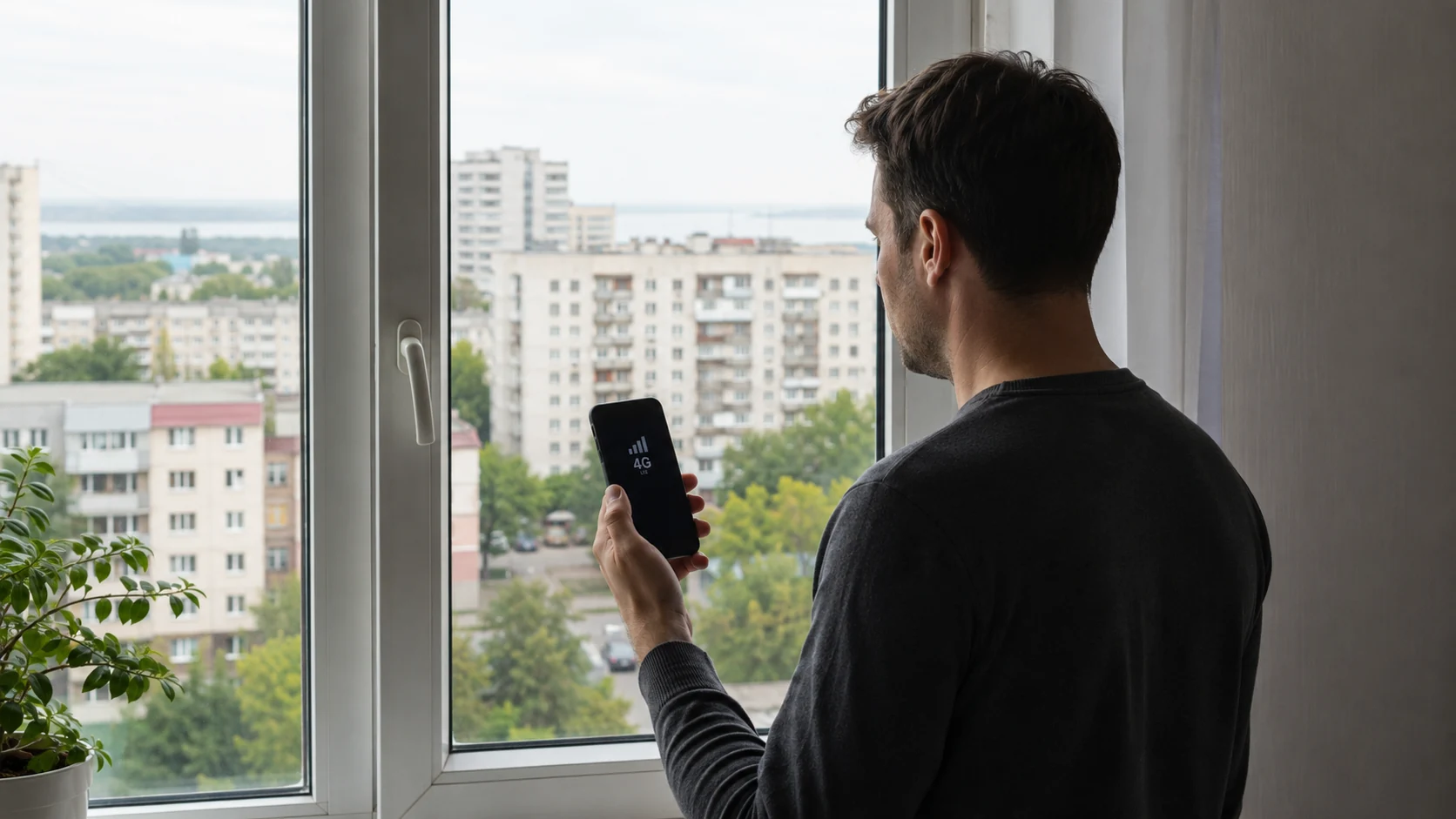 Проверка сигнала 4G на смартфоне возле окна в квартире